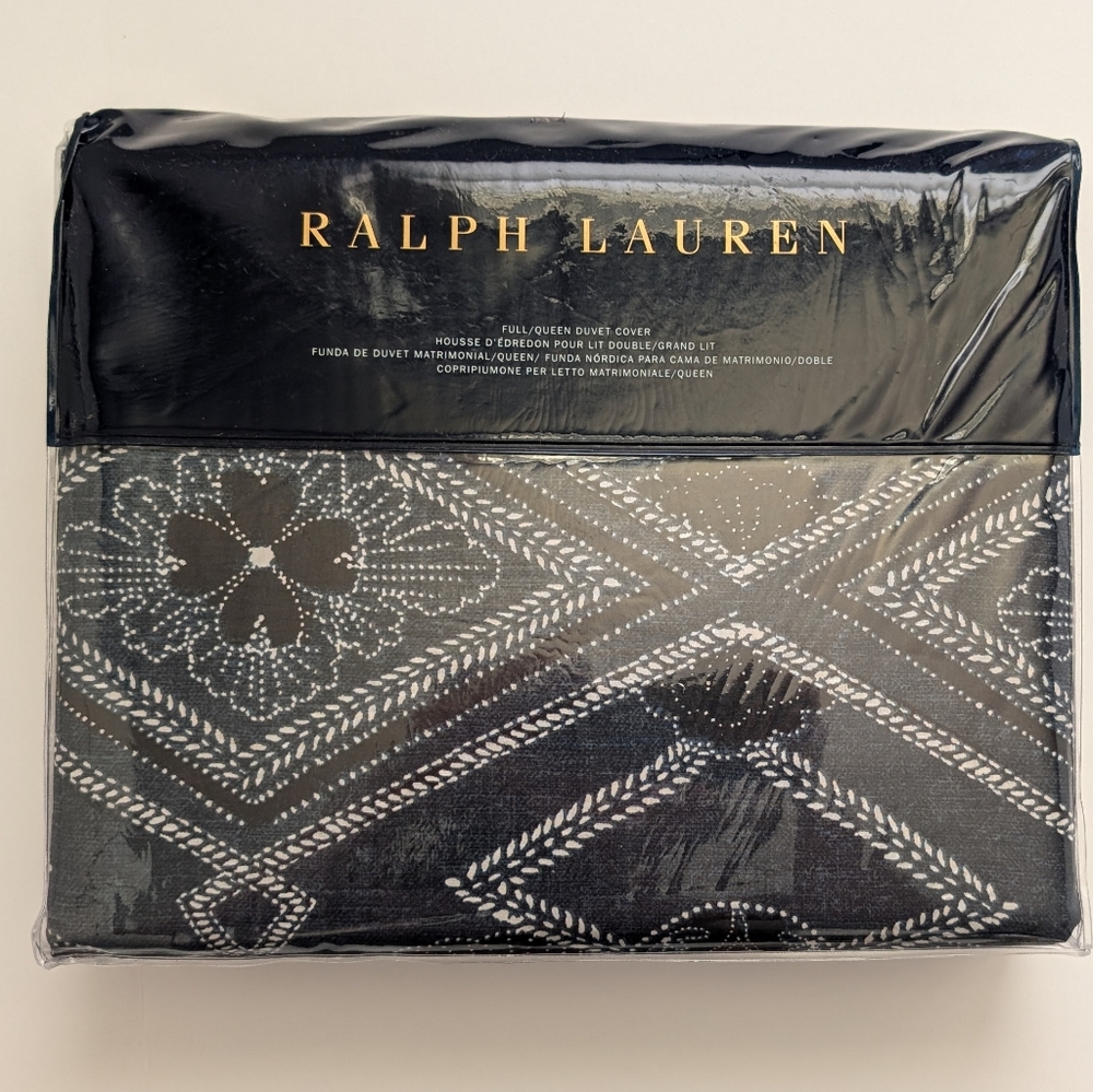 Ralph Lauren Duvet Cover Full Queen Blue Cotton Francois Cotton Geometric $425